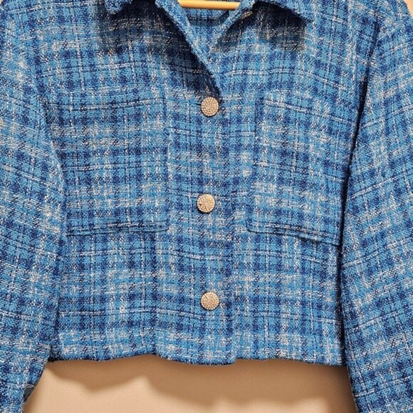 Zara Women's Plaid Tweed Cropped Long Sleeve Button Down Blazer Top Blue Size L. - Picture 10 of 16